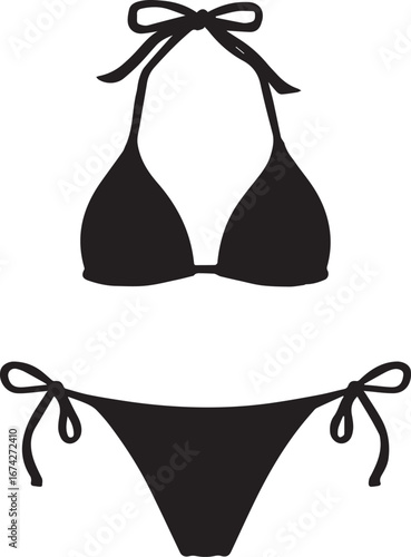 Black Silhouette of a Halter Neck Bikini with Side Tie Bottoms on White Background swimwear swimsuit
