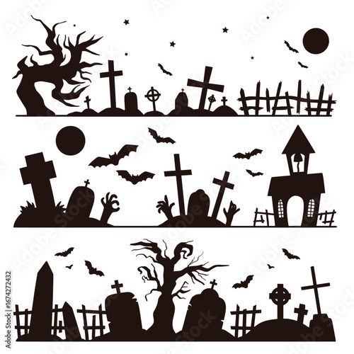 Three halloween graveyard scenes with tombstones bats moon and bare trees in black isolated on transparent background