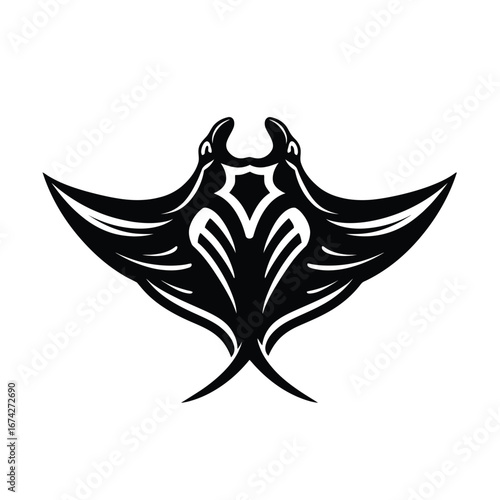 Stylized black and white graphic of a majestic manta ray with intricate tribal patterns, perfect for aquatic branding, marine life designs, or a powerful and unique logo
