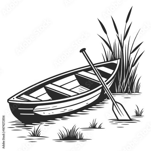 A black and white illustration of a rowboat resting on the water next to tall reeds