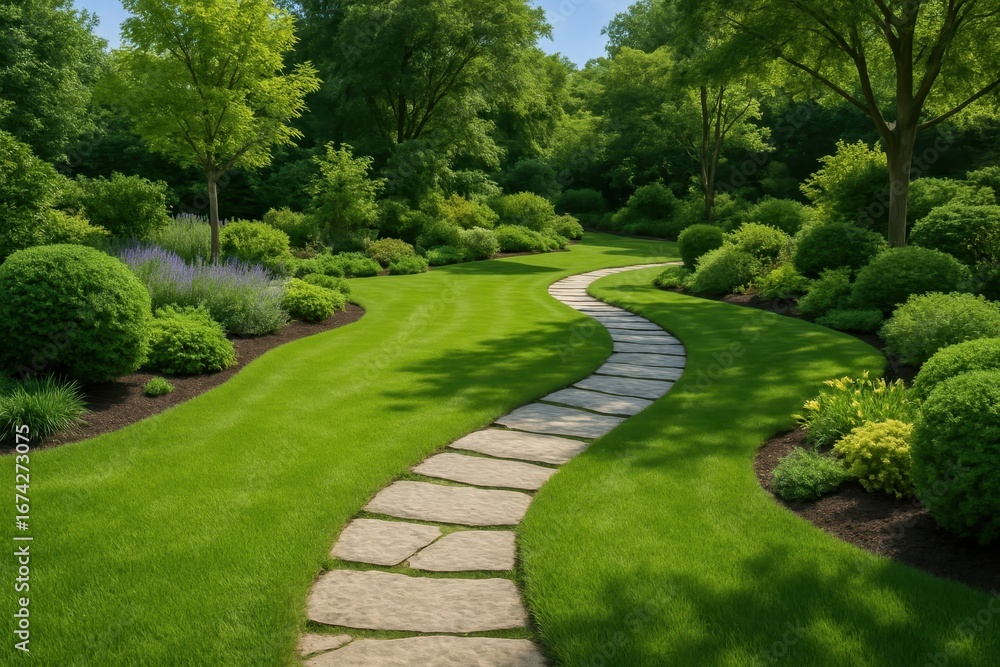 Fototapeta premium Serene Garden Pathway Through Manicured Green Lawn in Residential Landscape Design
