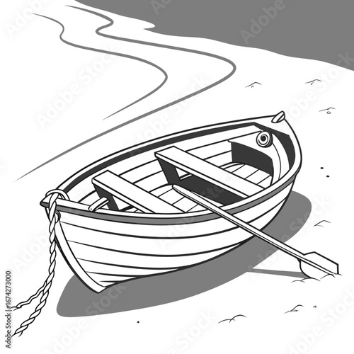 A simple rowboat rests on the sandy shore with oars inside and a rope tied to the bow