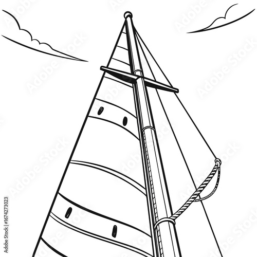 Black and white illustration of a sailboat mast and sail seen from below with clouds in the sky