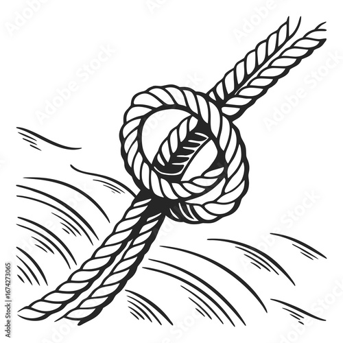 Black and white illustration of a secure knot tied in a thick rope with abstract wavy lines