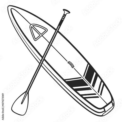 Black and white illustration of a stand up paddleboard and paddle on a white background