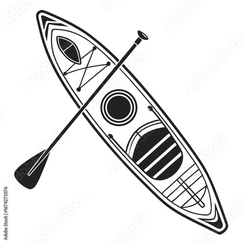 Black and white illustration of a single person kayak with a paddle on a white background