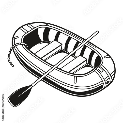 Black and white illustration of an inflatable raft with a paddle and rope
