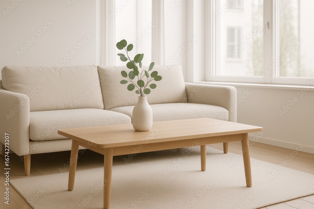 Fototapeta premium Scandinavian-inspired living room with natural ceramics and fresh eucalyptus branches on oak coffee table