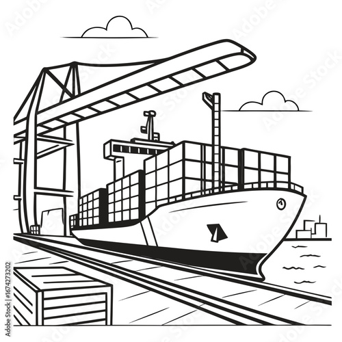 Container ship at a port being loaded by a large crane with cargo containers