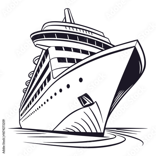 Elegant black and white illustration of a large modern cruise ship sailing on water