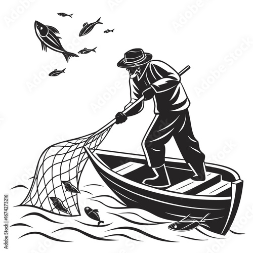 Fisherman in a boat casting a net to catch fish in the water