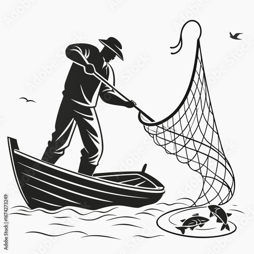 Fisherman in a boat using a net to catch fish in the water with birds flying