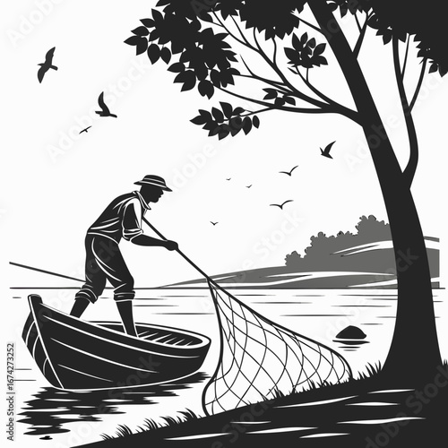 Fisherman in a boat uses a net to catch fish by the shore with birds flying overhead