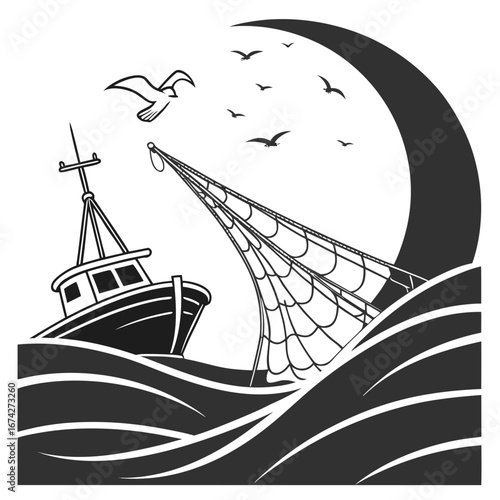Fishing boat with net and seagulls against a crescent moon and waves