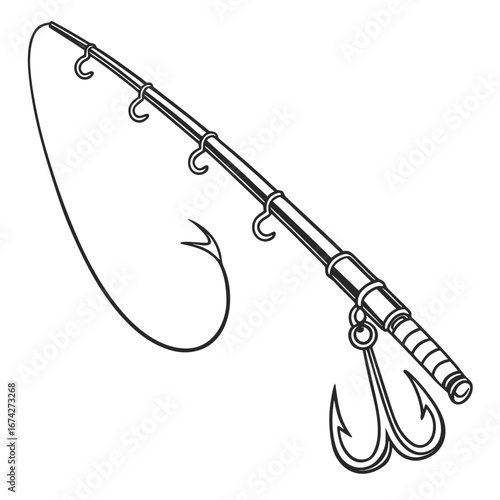 Fishing rod with line and double hook illustration in black and white