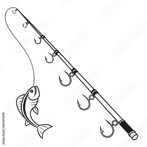 Fishing rod with multiple hooks and a caught fish illustration