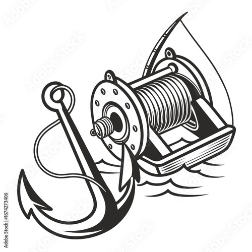 Nautical anchor and winch on a boat deck with waves below in a graphic style