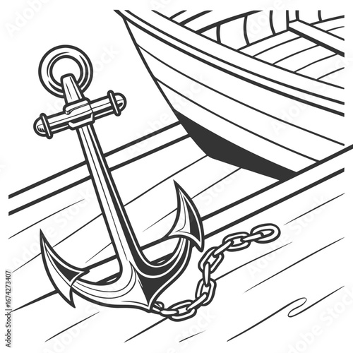 Nautical anchor with chain resting on wooden planks next to a boat hull