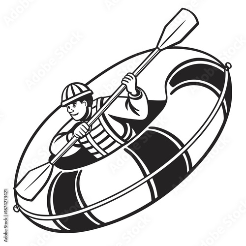 Man wearing a helmet and life jacket paddling an inflatable raft with a paddle