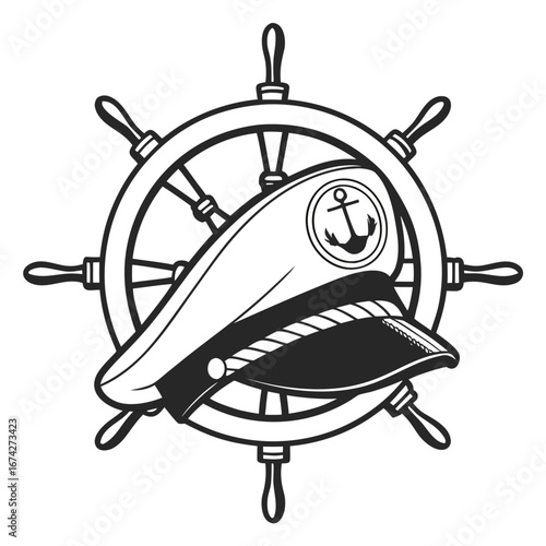 Nautical emblem featuring a ship captains hat and ship steering wheel with anchor symbol