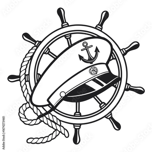 Nautical emblem featuring a ship s wheel captain s hat anchor and rope