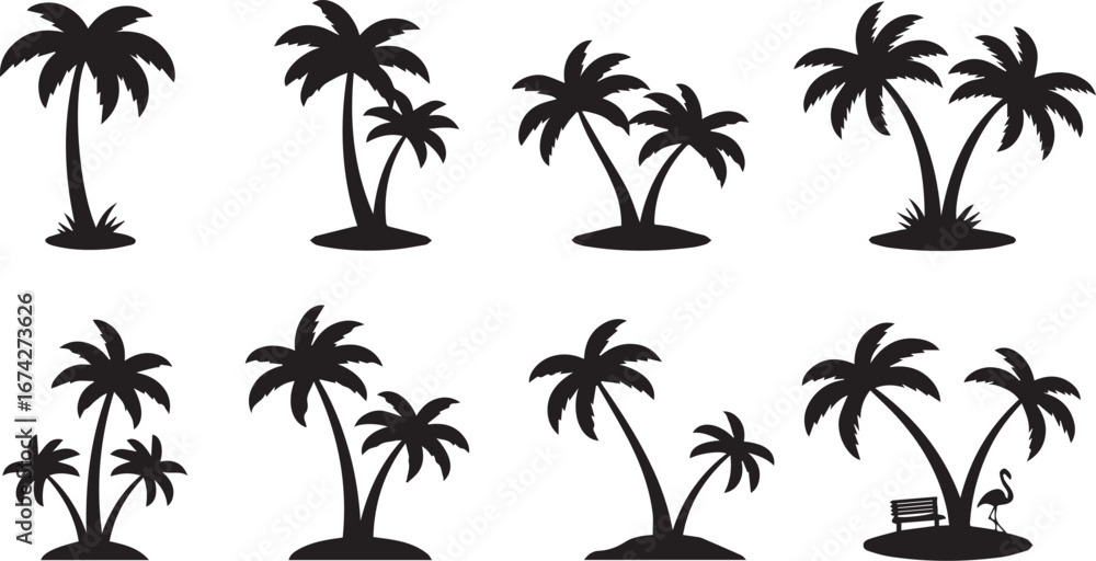Fototapeta premium Palm trees in a variety of poses and styles, including some with coconuts, depicted in a black and white silhouette design.