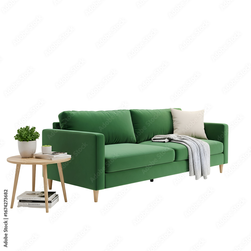 Fototapeta premium Create a Relaxing Living Room with Green Sofa & Transparent Background