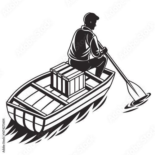 Silhouette of a man rowing a wooden boat with a cargo box across choppy water