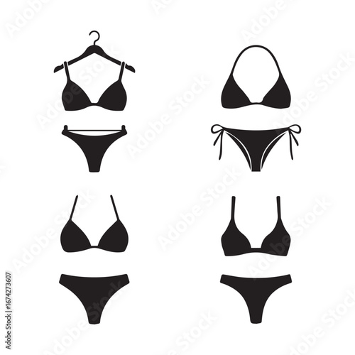 Collection of Black Silhouette Bikini Swimwear Icons on White Background swimsuit fashion