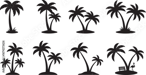 Collection of Eight Black Silhouettes of Palm Trees on Islands tropical beach