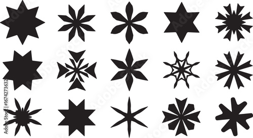 Collection of Fifteen Black Starburst and Snowflake Silhouettes on White Background geometric abstract