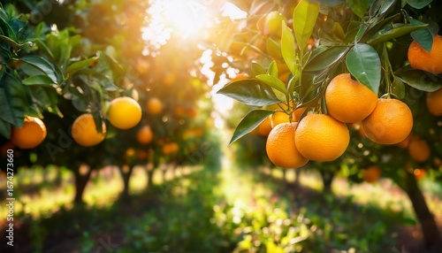 oranges hanging from orange trees in an orchard with sunlight filtering through the leaves