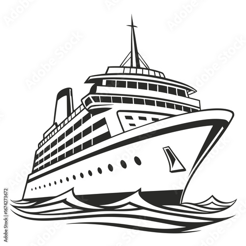 Stylized black and white illustration of a large cruise ship sailing through waves