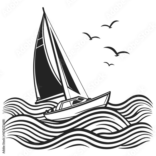 Stylized black and white illustration of a sailboat gliding through wavy seas with birds flying overhead