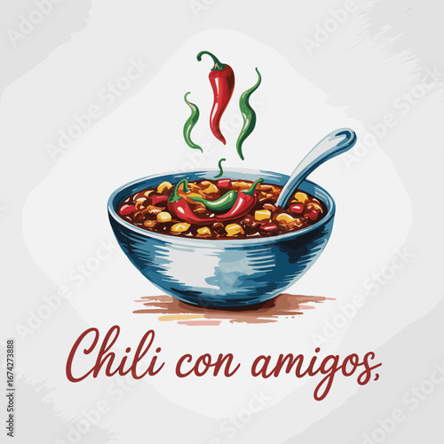 Steaming Bowl of Chili with Peppers Illustration