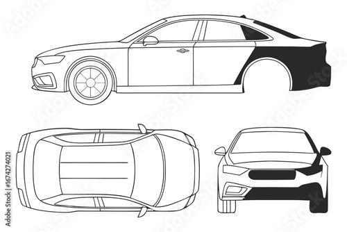 Detailed Car Blueprint Vector Illustration for Automotive Design and Engineering with Front Side and Top Views Perfect for Technical Drawings