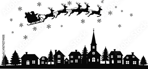 Silhouette of Santa Claus in Sleigh Pulled by Reindeer Flying Over Snowy Village with Snowflakes Christmas