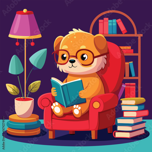 A young cartoon child is sitting and reading a book for school