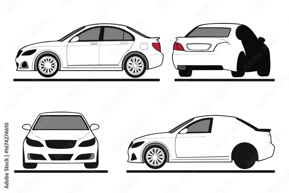 Obraz premium Four Views of a Sleek White Sedan Vehicle for Automotive Design and Illustration Projects Graphic Elements Collection
