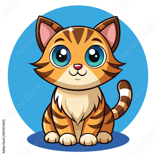 A cute, cartoon domestic kitten is sitting with a funny, small, and furry tail