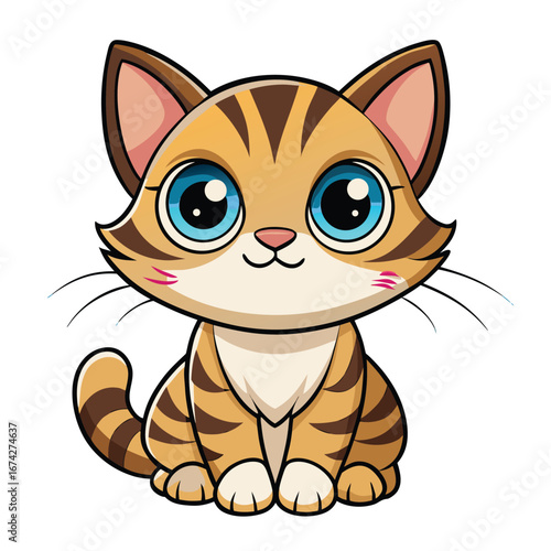 A cute and funny cartoon cat with a ginger fur is sitting, a perfect illustration of a playful domestic pet with a wagging tail