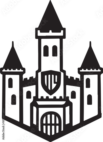Stylized Black Silhouette of a Medieval Castle with Towers and Gate architecture fortress