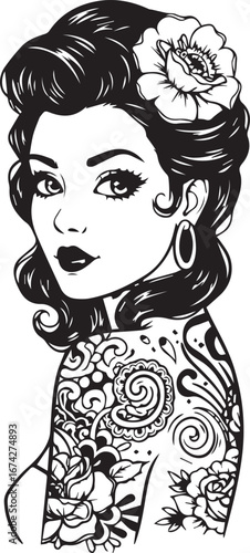 Tattooed Woman with Rose in Hair and Hoop Earrings female portrait