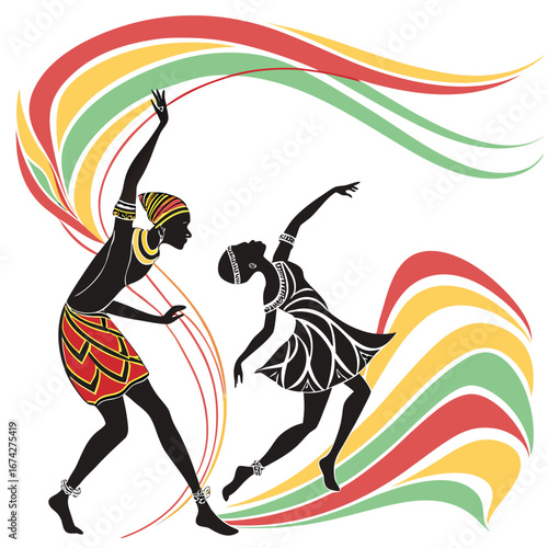 Two african dancers in traditional attire with colorful flowing ribbons