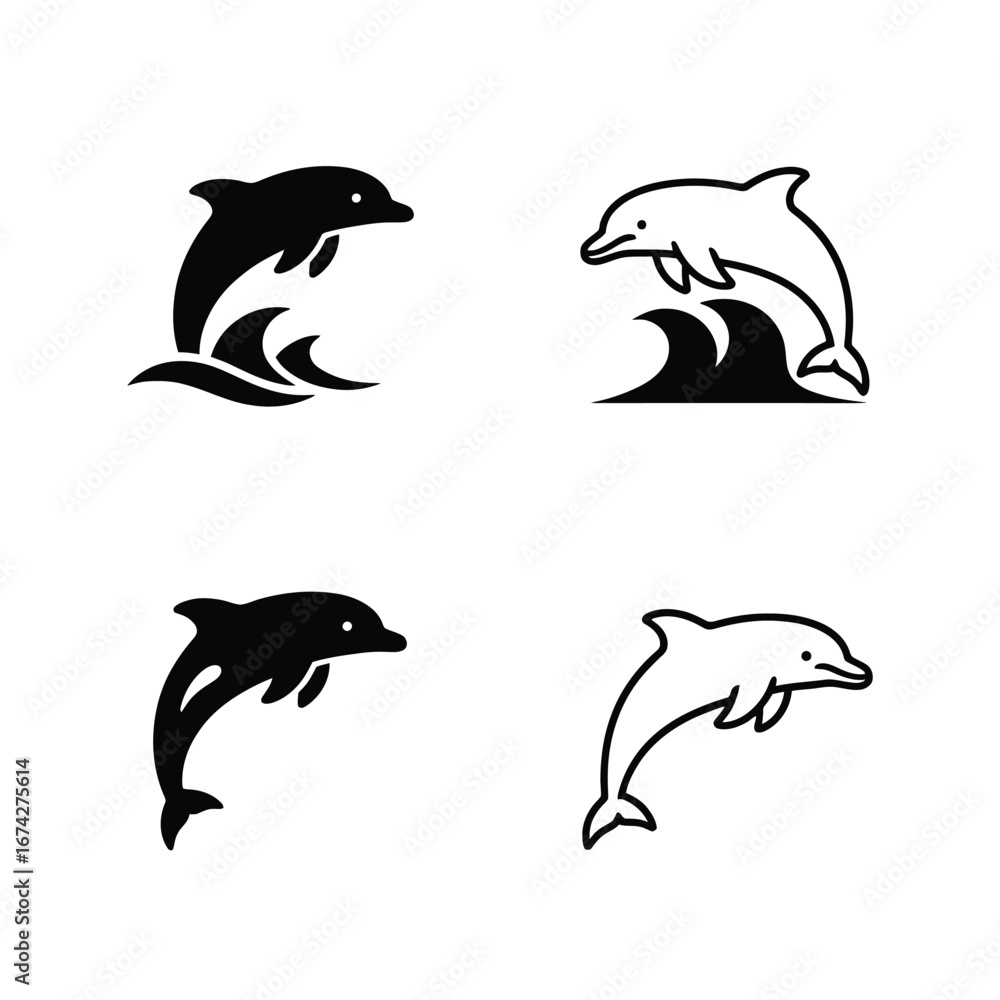 Fototapeta premium Dolphin Logos in Various Styles Black and White Design Elements for Ocean-Themed Projects