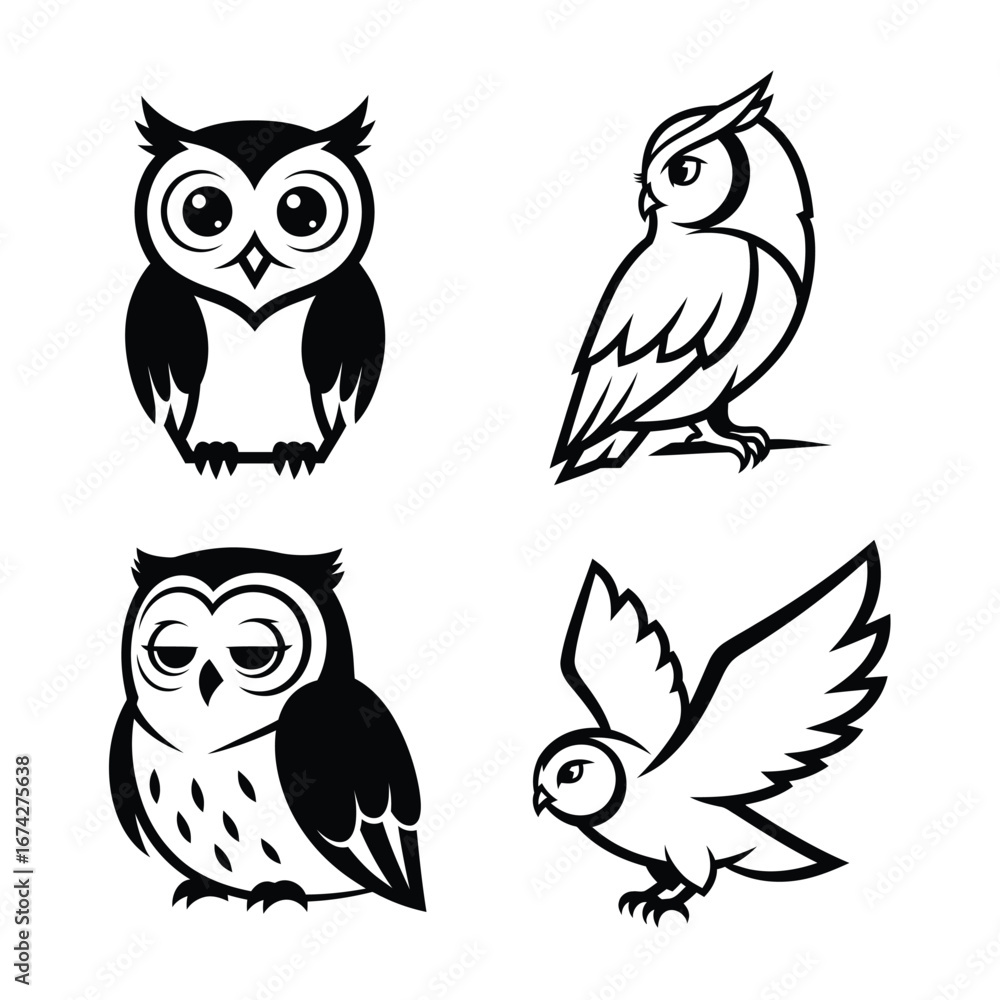 Fototapeta premium Set of black and white owl logos showcasing diverse poses and designs for various applications