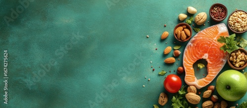 Wallpaper Mural Assorted healthy foods on teal surface (2) Torontodigital.ca