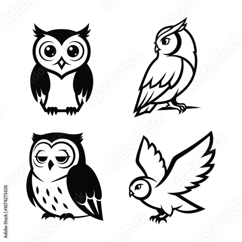 Set of black and white owl logos showcasing diverse poses and designs for various applications