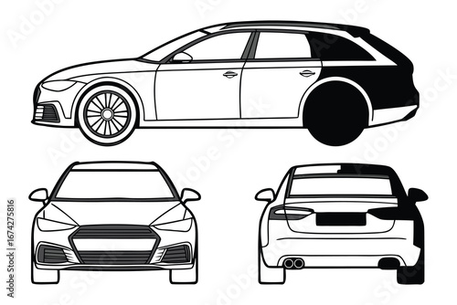 Modern Car Illustration Side Front and Back View Automotive Design Stylish Vehicle Graphics Detailed Car Outline