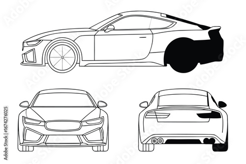 Modern Sports Car Design Blueprint Three Views Detailed Vector Illustration Automotive Engineering Template Conceptual Transportation Vehicle Future Technology Aesthetics